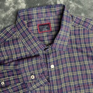 UNTUCKit Mens XL Slim Fit Plaid Button Down Shirt Navy Blue Red Yellow Polyester